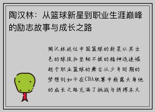 陶汉林：从篮球新星到职业生涯巅峰的励志故事与成长之路