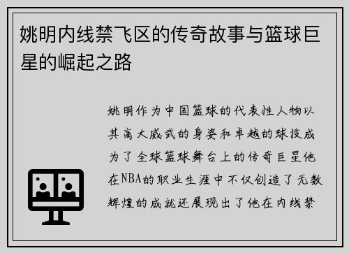 姚明内线禁飞区的传奇故事与篮球巨星的崛起之路